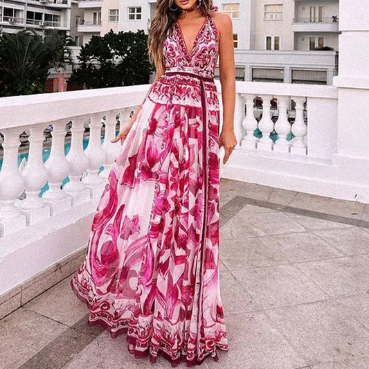 Summer New Women's Fashion Sexy Printed Neck Medium And Long Dress