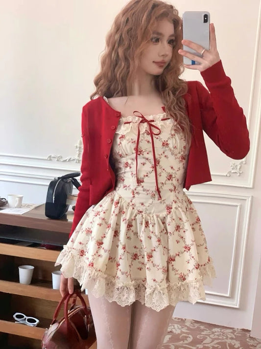 2024 New Sweet Floral Dress Set Woman Casual Red Short